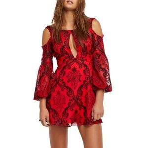 Free People 6 Want To Want Me Red Black Embroidered Cutout Mini Dress